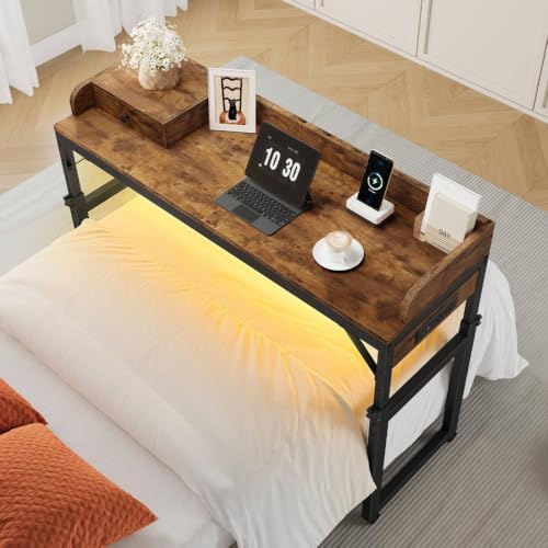 HOOBRO Overbed Table with Wheels, Rolling Table with Outlets & Light Strip for Twin Bed, Mobile Bed Desk & Drawer and Adjustable Height, Giant Computer Desk for Living Room, Rustic Brown BF125UDDN01 by HOOBRO