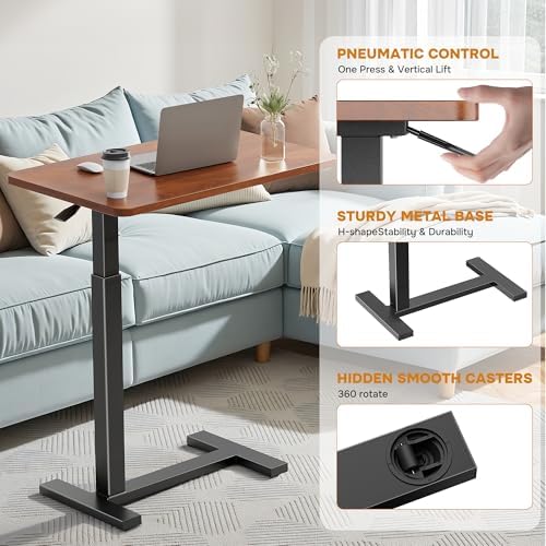Simple Deluxe Adjustable Overbed Bedside Table with Wheels, Pneumatic Adjustable Hospital & Home Use Bed Table, Rolling Laptop Table, Mobile Standing Desk, Brown - Image 5