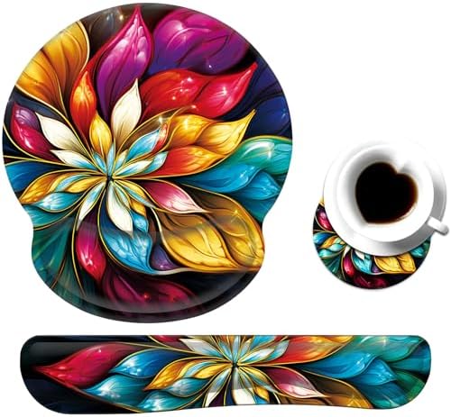 Keyboard Wrist Rest and Mouse Pad Wrist Support Set with Coaster,Ergonomic Mouse Pad,Comfortable for Easy Typing, Pain Relief,Memory Foam Keyboard Pad Set for Laptop Mac,Blue Fractal Flower by Unknown