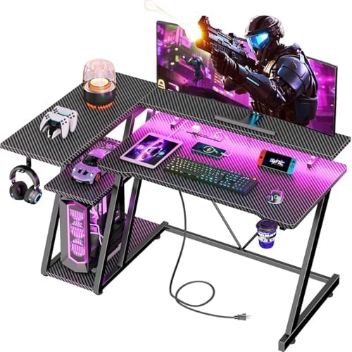 Korfile 40 Inch Gaming Desk with Power Outlet & LED Lights, L Shaped Computer Gaming Table with 3 Tiers Storage Shelves, Corner Gamer Desk with Monitor Stand for Small Space, Carbon Fiber Black by Korfile