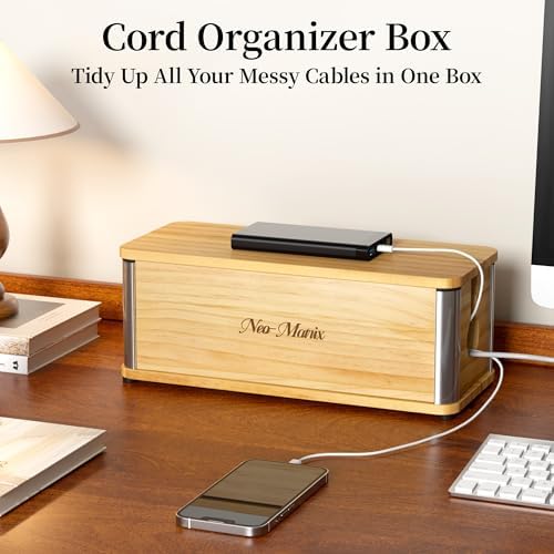 Delamu Wooden Cable Management Box, Retro-Inspired Cord Organizer Box for Home Office, Large Cord Hider Box Hides Floor Cord and Power Strips, Floor Cord Covers, 14.3" x 6.0" x 5.5", Light Wood Color - Image 6