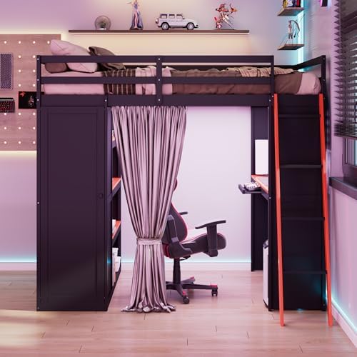 Merax Full Size Loft Bed with Desk and 6 Storage Shelves, Wardrobe, Blackout Curtain, Solid Wood Gaming Loft Bed Frame with USB Port & RGB Lights, No Box Spring Needed, Space-Saving, Black+Red - Image 3