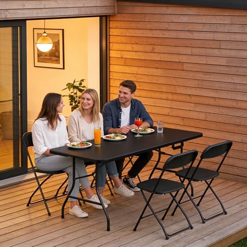 6FT Folding Table, Heavy Duty Plastic Fold-in-Half Utility Table with Handle, Portable Camping Picnic Table with Steel Legs for Indoor Outdoor Party, Dining, Black,2 Pack - Image 2