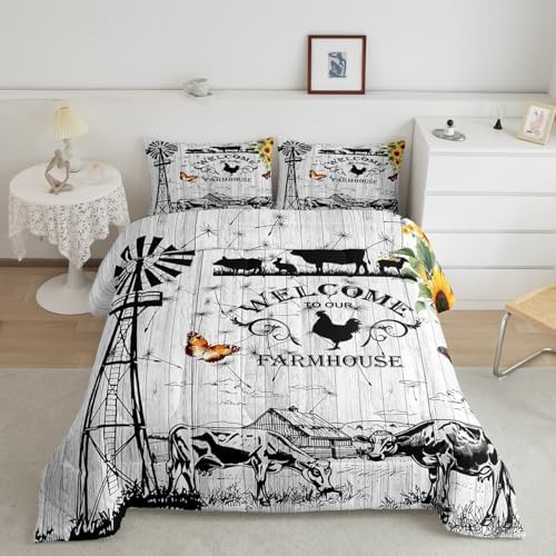 Farmhouse Windmill Comforter Set Full Size Rustic Farm Barn Door Bedding Comforter Sets for Cowboy Cowgirl, Vintage Western Cow Gifts Bedding Room Decor Butterfly Sunflowers Wooden Plank Duvet Insert - Image 2