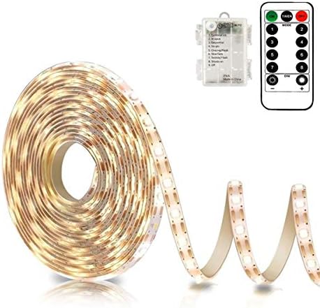 echosari Battery Powered Led Strip Lights with Remote Warm White, 8 Modes, Dimmable, Timer, Self-Adhesive, Cuttable, Waterproof, 9.8FT 90Led Strip Lights for TV Kitchen Cupboard Bedroom Decor by echosari