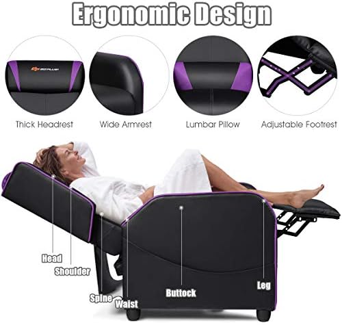POWERSTONE Gaming Recliner Chair, Reclining Gaming Chairs for Adults Ergonomic Leather Sofa with Footrest Lumbar Support Headrest and Side Pouch for Living Room Home Theater, Purple - Image 6