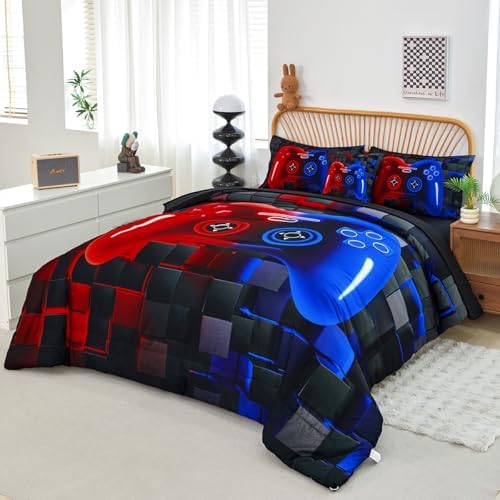PERFEMET 6 Pieces Gaming Bedding Sets Full Size Red and Blue Gamer Comforter Set for Boys Girls Soft Fluffy 3D Cool Video Game Kids Bed in A Bag for All Seasons(Red Blue, Full) - Image 2