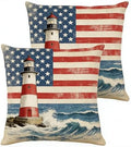 Patriotic Lighthouse Throw Pillow Covers, Linen, 18x18 Inch, Set of 2, Farmhouse Style, 4th of July Independence Day Décor by Unknown