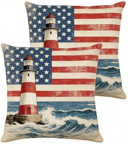 Patriotic Lighthouse Throw Pillow Covers, Linen, 18x18 Inch, Set of 2, Farmhouse Style, 4th of July Independence Day Décor by Unknown