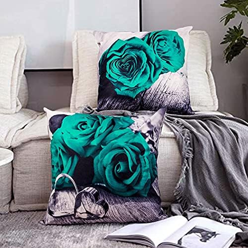 Green Throw Pillow Covers 18x18 Inch Set of 4 Turquoise Rose Pillow Cover Couch Decorative Love Sing Flower Square Pillow Cases for Bedroom Sofa Chair Outdoor Cushion Cover Modern Home Decorations - Image 3