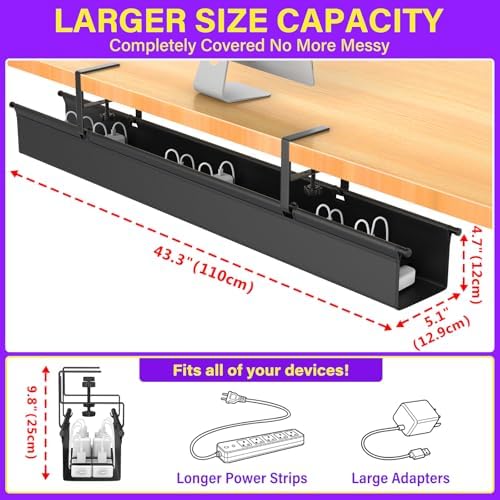 Large Under Desk Cable Management Tray, REFLYING 43.7" Cable Management Under Desk No Drill,Adjustable Clamp Cord Wire Organizer, Cord Hider for Standing Table, Wire Hider for Office,Home (Large) - Image 4