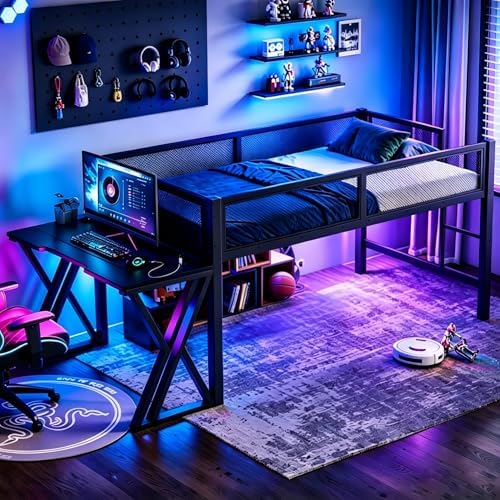 Bellemave Twin XL Gaming Loft Bed with Desk, USB Ports & LED Lights, Metal Loft Bed Frame with Mesh Guardrails, Space-Saving for Dorms, Bedrooms, & Gaming Setups (Black/Twin XL) - Image 3