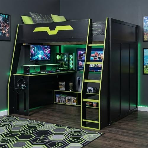 Merax Full Size Gaming Loft Bed with Desk and Multi-Storage Shelves, Space-Saving Wood Loft Bed Frame with Full-Length Guardrail for Teens Bedroom, Built-in Light Strip & Charging Station, Green - Image 3