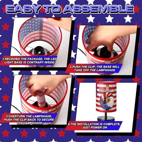 Glooglitter 4th of July Table Lamps 3 Colors Dimmable Lights 11.02 x 5.12 Inch Patriotic Bedroom Lamps Independence Day American Flag Bedside Night Light for Desk Memorial Day Birthday Gifts - Image 6