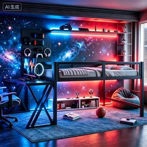 Bellemave Full Size Gaming Loft Bed with Desk, USB Ports & LED Lights, Metal Loft Bed Frame with Mesh Guardrails, Space-Saving for Dorms, Bedrooms, & Gaming Setups (Black/Full) by Bellemave