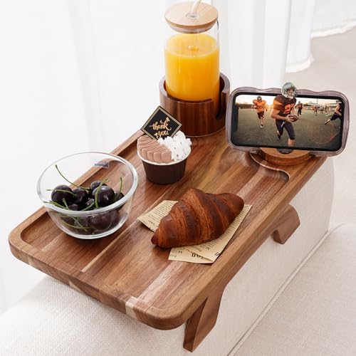 Nnewvante Couch Cup Holder Tray, 3 in 1 Large 15.36"x9.85" Acacia Wood Sofa Arm Clip on Tray Table with 360°Rotated Phone Holder on Armrest by Nnewvante