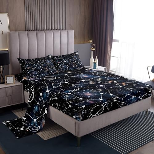 Galaxy Bed Sheets Set King Constellation Sheet Set 4 Pcs Purple Universe Print Top Sheets For Kid Men Women + Deep Pocket Fitted Sheets + Starry Sky Flat Sheet + Decor 2 Pillow Cases Boys Girls by Erosebridal