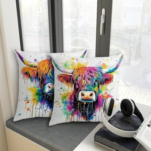Highland Cow Pillow Covers for Couch Graffiti Cows Pattern Decorative Pillowcase Bedroom Living Room Decor Modern Farmhouse Western Animal Print Cushion Case Bed Sofa Home Decoration 18x18" Set of 4 - Image 3