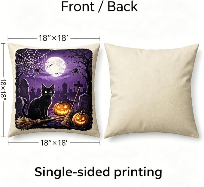 Halloween Throw Pillow Covers Linen, Black Cat Pumpkin Witch Spider Web Design, 18x18 Inch, Set of 2 - Image 2