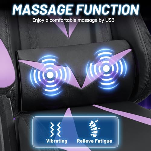 LED Gaming Chair with Speakers RGB Lights Massage Computer Chairs-Purple | Bluetooth Game Chairs for Adults;Ergonomic High Back Video Game Chair; Reclining Gamer Chair with Footrest Lumbar Support - Image 6