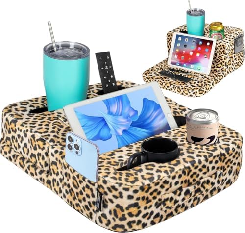 TabCouchCaddy - Couch Cup Holder Tray Pillow - Bed, Couch Caddy, Sofa, RV & Car - Holds Drinks, Snacks, Remotes, Phones, Kindle, Tablet | Bed Cup Holder (Leopard) by TabCouchCaddy