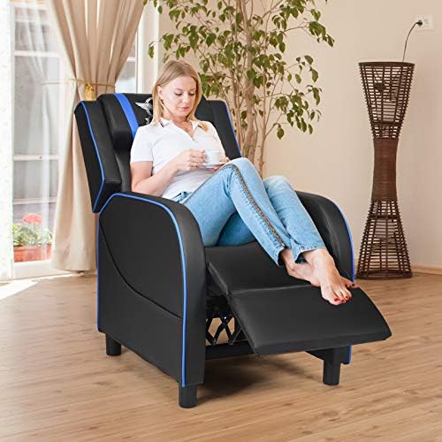 POWERSTONE Gaming Recliner Chair, Reclining Gaming Chairs for Adults Ergonomic Leather Sofa with Footrest Lumbar Support Headrest and Side Pouch for Living Room Home Theater, Blue - Image 2