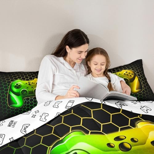 Feelyou Gamer Comforter Set for Boys Teens Gaming Bedding Set Video Game Contoller Home Decor for Kids Honeycomb Comforter,Yellow Green Queen Size 3 Pieces 2 Pillowcases Boys - Image 6