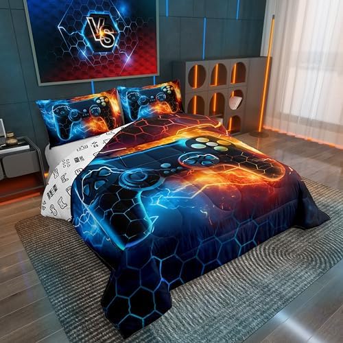 Feelyou Kids Boys Blue Red Gamer Comforter Set Twin Size, Honeycomb Gaming Comforter for Lightning Gamepad Bedding Set Game Room Decor Duvet Set 2Pcs Room Decor Quilt Set Bedding Collection - Image 2