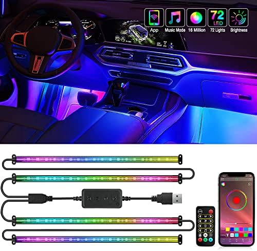 Nilight 4PCS USB Car Interior Lights Dream Color App and Remote Control | 72LED 5V DC RGB-IC Music Car Neon Accent Light Strips Under Dash Lighting Kit with Sound Active Function by Nilight