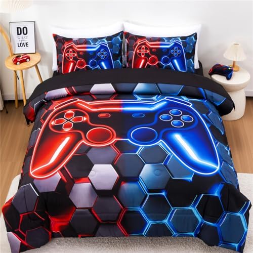 NTBED 3D Gaming Comforter Set for Boys Kids Teens,5pcs Gamer Bedding Sets with Sheet,Game Console Bed in a Bag (Red Blue, Full) by NTBED