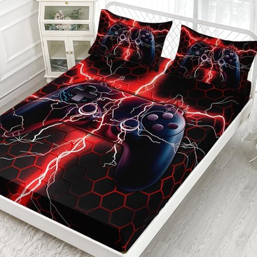 AILONEN Red Black Gaming Bed Sheet Set,Boys Queen Size Gamepad Video Game Bedding Set,Soft Lightweight 3 Pieces, 1 Fitted Sheet with 2 Pillowcases - Image 2