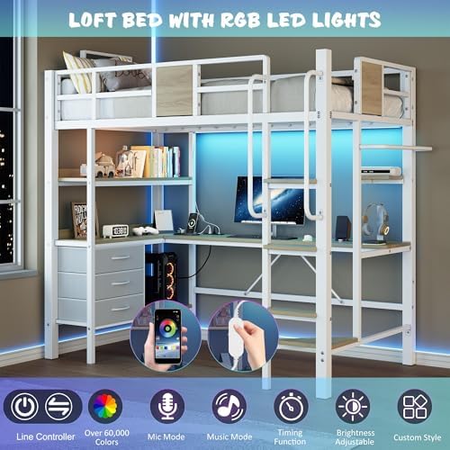 Garvee Twin Loft Bed with Desk and Stairs, Heavy Duty Loft Bed with RGB LED Lights, Charging Station, 3 Fabric Storage Drawers & 2 Open Shelves, No Box Spring Needed-White - Image 3