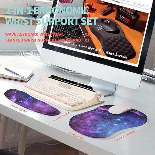 2-in-1 Ergonomic Set, Wave Rise Keyboard Wrist Rest and Massage Bulge Slope Mouse Pad Wrist Support, Cushion Memory Foam Integrated to Relieve Wrist Pain, Galaxy - Image 5