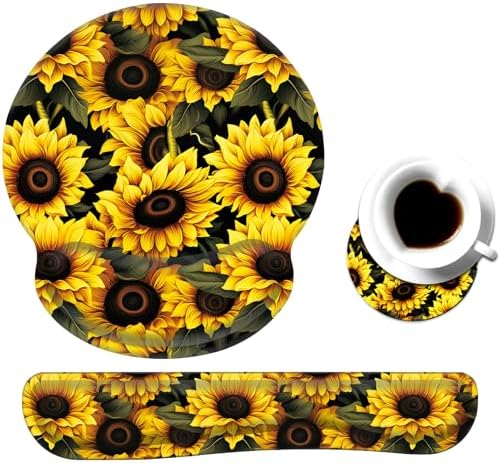 Keyboard Wrist Rest and Mouse Pad Wrist Support Set with Coaster,Ergonomic Mouse Pad,Comfortable for Easy Typing, Pain Relief,Memory Foam Keyboard Pad Set for Laptop Mac,Cute Yellow Sunflowers by Unknown