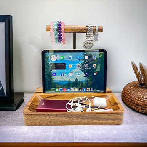 Dual Headphone Stand, Acacia Wood Holder for 2 Headsets, Phone & Tablet - Image 6