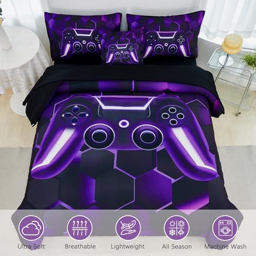 URBONUR 6Pcs Kids Gaming Comforter Set Queen Size for Teen Boy Black Purple - Image 3