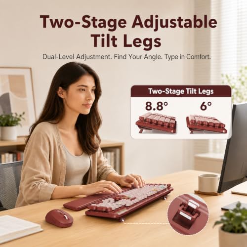 Wireless Keyboard and Mouse Combo, Round Keycaps, Full-Size Retro Typewriter Keyboard with Magnetic Wrist Rest, Tilt Legs, 2.4GHz Cordless for Mac, Windows PC, Laptop, SABLUTE CK23, Burgundy Red - Image 4
