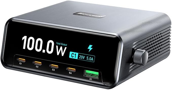 100W 5-Port GaN USB C Charging Station with LCD Smart Display & Control Knob, Desktop Fast Charger for Multiple Devices, Compatible with MacBook, iPhone, iPad, Galaxy, Home Office,Gaming Accessories by FUHAOXUAN