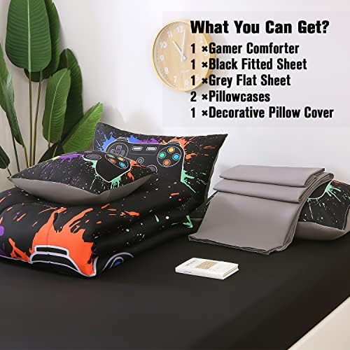 JQinHome Twin Gamer Comforter Sets for Boys&Girls ,6 Piece Bed in A Bag 3D Video Game Bedding -All Season Microfiber Gamer Bedding Sets for Kids, with Pillowcase, Flat & Fitted Sheet,Cushion Cover - Image 6