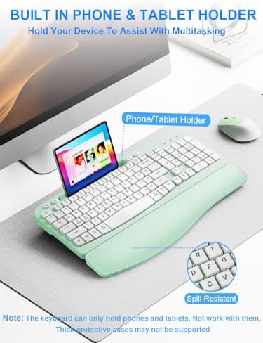 Hayyiesh Ergonomic Wave Keys Wireless Keyboard and Mouse Combo, Full Size with Memory Foam Wrist Rest & Phone Holder, 2.4G Cordless Set with USB-C Adapter for Windows Mac Desktop Laptop (Mint Green) - Image 5