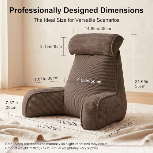 Reading Pillow for Sitting Up in Bed with Arms, Corduroy Back Support Cushion with Side Pockets & Washable Cover, Bed Rest Pillow for Sofa Reading, Relaxing & Watching TV, Chocolate - Image 5