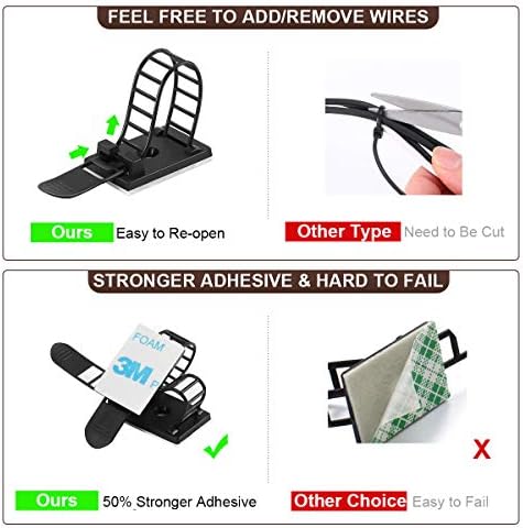 Adhesive Cable Management Clips, 50Pcs Adjustable Nylon Cable Strap Ties Wire Clips Clamps Organizer with Strong Adhesive Tape, Extra Screw & Hole for Strong Fixation Home Office - 3.55 Inch Black - Image 4