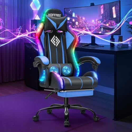 HOFFREE RGB Gaming Chair with Speakers Massage LED Lights Game Chair-Blue | Bluetooth Computer Gaming Chair with Footrest Video Game Chair for Adults Ergonomic High Back Gamer Chair with Lumbar Support by HOFFREEOfficial