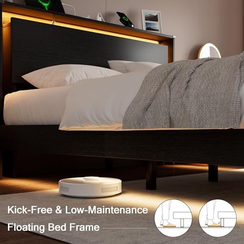 Einhomn Bed Frame Queen Size with LED Lights & Charging Station – Kids Wood Floating Queen Bed Frame with Storage Headboard, Adhesive Slats, Kick-Free & Noise-Free Design, Easy Assembly, Black - Image 6