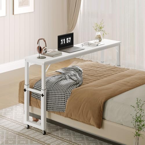 MAHANCRIS Overbed Table with Wheels, Mobile Bed Desk for Queen Size, 36"-43.5" Adjustable Height Rolling Table, Recliner Desk, Mobile Cross Bed for Bedroom, Living Room, Office, White MTWT18001 by MAHANCRIS