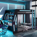 Merax Full Over Full Gaming Bunk Bed Frame with Side-Mounted Oversized Desk, USB Charging Ports & Cable Grommet & Light, Cool Design Heavy-Duty Esports Loft Bed Frame, Blue by Merax