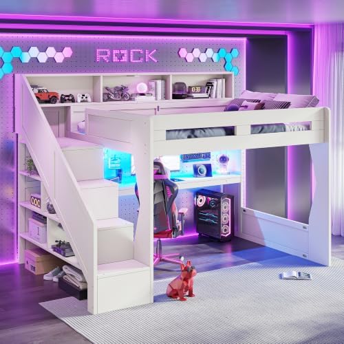 Bellemave Queen Loft Bed with Storage Stairs and Charging Station, Beige - Image 4
