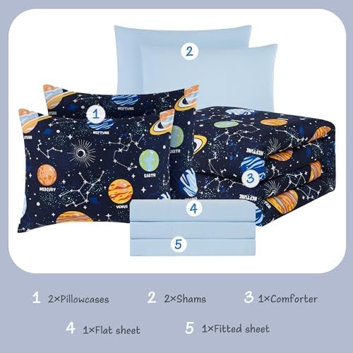 Boys Queen Size Bedding Set - 7 Pieces Space Kids Queen Comforter Set - Image 6