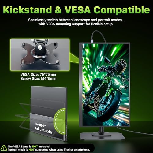 Upperizon Portable Monitor 18.5 inch 2K QHD 120% sRGB 120Hz IPS HDR HDMI USB-C Travel Monitor for Laptop MacBook PC Surface PS5 Xbox, Large External Display with Kickstand & Speakers, VESA Compatible - Image 7