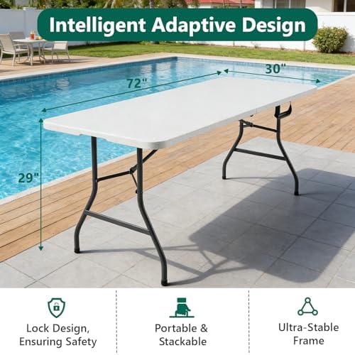 6FT Folding Table, Heavy Duty Plastic Fold-in-Half Utility Table with Handle, Portable Camping Picnic Table with Steel Legs for Indoor Outdoor Party, Dining, White,2 Pack - Image 4